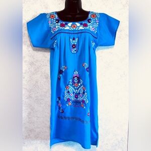 Mexican Blue Peasant Tunic Dress Embroidered Pleated to Yoke Floral Size 12
